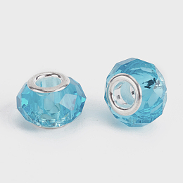 Honeyhandy Faceted Glass European Beads, Large Hole Beads, with Silver Tone Brass Core, Rondelle, Deep Sky Blue, 13.5~14x8.5~9mm, Hole: 5mm