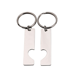 Honeyhandy Stainless Steel Pendants Keychain, with Alloy Key Rings, Rectangle with Heart, Stainless Steel Color, Pendant: 5x1.2cm, Ring: 25mm in diameter.