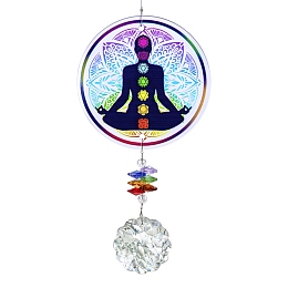 Honeyhandy Glass Round Window Hanging Suncatchers, with Acrylic Yoga Meditation Home Outdoor Garden Ornaments, Human, 370mm