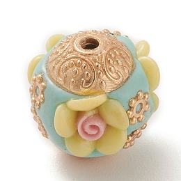 Honeyhandy Handmade Indonesia Beads, with Alloy Findings and Resin, Rondelle with Flower, Light Khaki, 16x16.5x16mm, Hole: 1.8mm