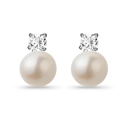 SHEGRACE Classic 925 Sterling Silver Ear Studs, with Freshwater Pearl and AAA Cubic Zirconia, Platinum, White, 12mm, Pin: 0.7mm