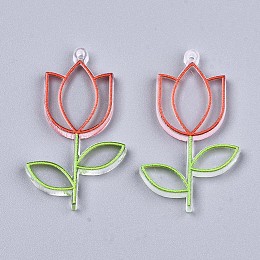 Honeyhandy Transparent Clear Acrylic Pendants, 3D Printed, with Film on the Back, Tulip Flower, FireBrick, 44x26x3mm, Hole: 1.6mm