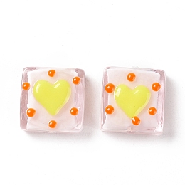 Honeyhandy Handmade Lampwork Beads, Square with Heart Pattern, Misty Rose, 16x15x6mm, Hole: 1.8mm