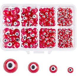 NBEADS 1 Box (About 390pcs) 4 Sizes Red Handmade Round Evil Eye Lampwork Beads Charms Spacer Beads for Bracelets Necklace Jewelry Making