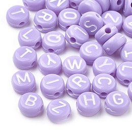 Honeyhandy Opaque Acrylic Beads, Horizontal Hole, Mixed Letters, Flat Round with Letter, Random Letters, Lilac, 7x4mm, Hole: 1.5mm, about 3700pcs/500g