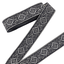 PandaHall Elite Ethnic Style Embroidery Polyester Ribbons, Jacquard Ribbon, Garment Accessories, Black, Flat, Rhombus Pattern, 37019 inch(40mm)