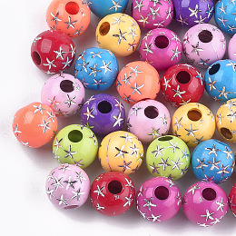 Honeyhandy Plating Acrylic Beads, Metal Enlaced, Round with Star, Mixed Color, 12x11mm, Hole: 4mm, about 550pcs/500g