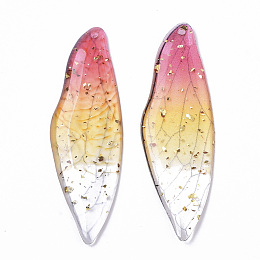 Honeyhandy Transparent Epoxy Resin Big Pendants, with Gold Foil, Insects Wing, Deep Pink, 51x16.5x1~2.5mm, Hole: 1.2mm