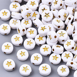 Honeyhandy Opaque Acrylic Beads, Flat Round with Star, White, Golden Plated, 7x4mm, Hole: 1.5mm