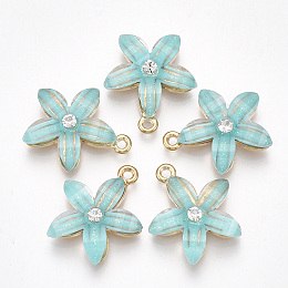 Nbeads  Alloy Pendants, with Resin and Rhinestone, Flower, Crystal, Light Gold, MediumTurquoise, 21.5x18.5x5mm, Hole: 1.5mm