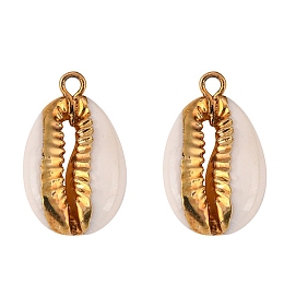 Honeyhandy Cowrie Shell Pendants, with Metal Findings, Natural Color, Golden, 17~25x10~15x5~7mm, Hole: 1.5mm