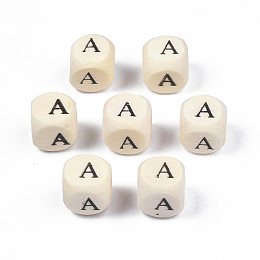 Honeyhandy Printed Natural Wood Beads, Horizontal Hole, Cube with Initial Letter, PapayaWhip, Letter.A, 10x10x10mm, Hole: 3.5mm