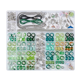 ARRICRAFT European Beads Jewelry Set DIY Making Kit, Including Alloy Links & Pendants, Brass Bracelet Making, Cord Necklace Making, Resin & Acrylic & Glass & Alloy & Rhinstone European Beads, Rhinestone Setting, Glass Pendant, Iron Findings, Green, 5x0.7mm, Inner Diameter: 3.6mm