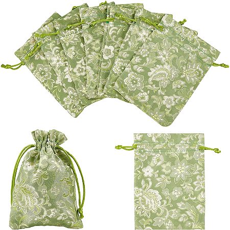 NBEADS 20 Pcs Lime Green Silk Brocade Jewelry Pouches, 5.5×4.3