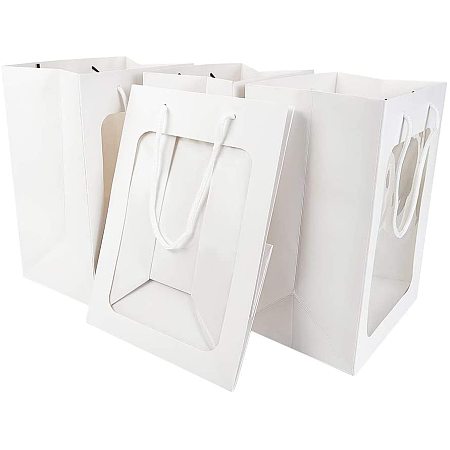 BENECREAT 10 Packs White Kraft Paper Gift Bags with Window 10x7x5 Paper Shopping Bags Retail Bags for Party Favor Storage, Flower Stroage, Food Storage and More