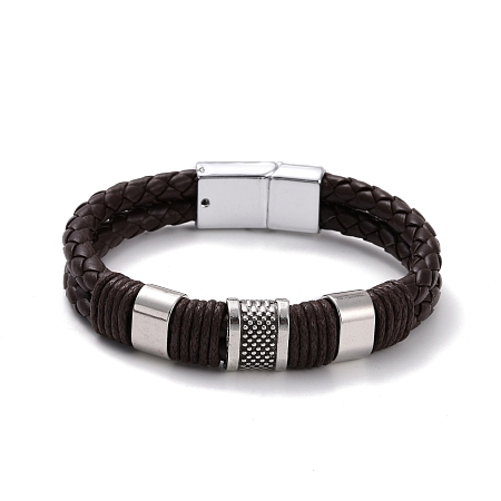 Honeyhandy Retro Leather Braided Cord Bracelet for Men, Rectangle Alloy Beads Bracelet with Magnetic Clasps, Antique Silver, Coffee, 8-1/2 inch(21.5cm)