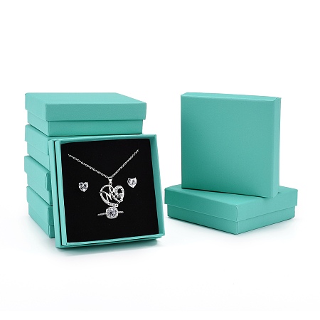 Honeyhandy Cardboard Gift Box Jewelry Set Boxes, for Necklace, Earrings, with Black Sponge Inside, Square, Medium Turquoise, 9.1x9.2x2.9cm