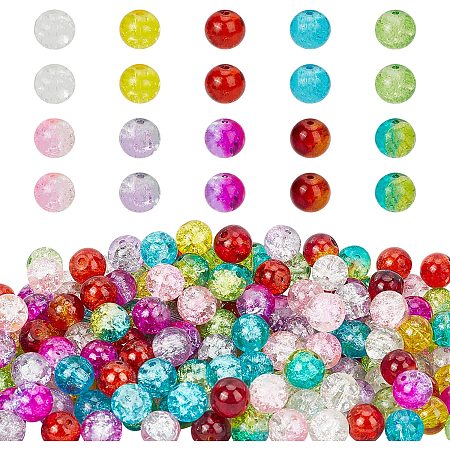 PandaHall Elite 8mm Glass Lampwork Beads 200pcs 10 Colors Crystal Crackle Beads for Necklace, Bracelet, Earring Craft Supplies Adults