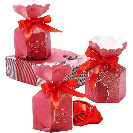 PandaHall Elite Paper Gift Box, 50pcs Red Wedding Party Favor Boxes Hexagonal Candy Cookie Boxes Marble Pattern Wrapping Box with Ribbons for Xmas Bridesmaid Proposal Birthday Baby Shower 3x3x5 inch