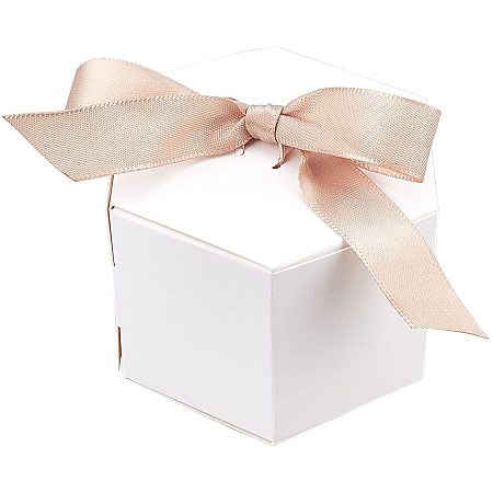 FINGERINSPIRE 30 Pcs Hexagonal Paper Favor Boxes with Polyester Ribbon (White,3x3x2 Inch) Chocolate Candy Paper Gift Boxes Paper Jewelry Box for Bridal Shower Anniverary Birthday Party Wedding Favor