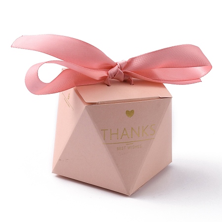 SUPERFINDINGS Floding Cardboard Candy Boxes, Weddign Gift Wrapping Box, with Ribbon, Polygon with Gold Stamping Word Thanks, Pearl Pink, Finish Product: 7.55x7.55x5.9cm