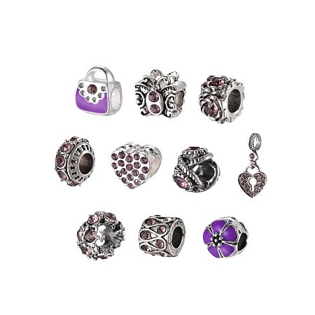NBEADS 10 Pcs Light Amethyst Mixed Shapes Alloy Glass Rhinestone European Beads, Assorted Crystal Rhinestone European Style Beads Large Hole Charms fit Bracelet Jewelry Making