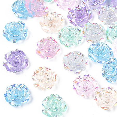 ARRICRAFT Transparent Resin Cabochons, AB Color Plated, Rose Flower, Mixed Color, 9.5x9.5x4.5mm
