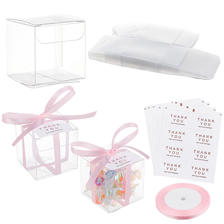 BENECREAT 40Pcs Square PET Clear Party Favor Gift Box, and 25 Yards Single Face Satin Ribbon, 40Pcs Self-Adhesive Thank You Sealing Stickers, Pearl Pink, Finished Box: 5x5x5cm, Ribbon: 6mm, Sticker: 24x40mm