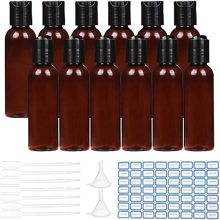 BENECREAT 18 Pack 2oz PET Plastic Refillable Bottles Amber Bottles with Press Disc Cap, 10PCS Droppers, 4pcs Funnel Hopper and Label for Shampoo, Lotions, Creams
