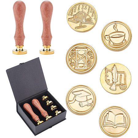 CRASPIRE Wax Seal Stamp Set, 6 Pieces Vintage Sealing Wax Stamps Copper Seals 2 Wooden Handle, Wax Stamp Kit for Wedding Invitations Cards Envelopes Wine Packages-Book Series