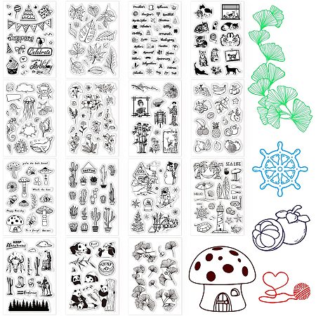 GLOBLELAND 15 Sheets Silicone Clear Stamps for Card Making Decoration and DIY Scrapbooking(Bees, Cats, Leaves, Sea Animals, Fruits, Beaches, Pandas, Ginkgo Biloba Leaves etc)