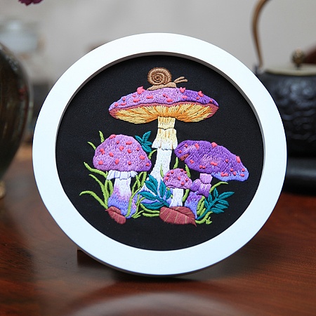 Honeyhandy DIY Mushroom Pattern Embroidery Starter Kits, including Bamboo Embroidery Hoop, Canvas, Thread, Sewing Needle, Colorful, 0.3~0.4mm, 15 colors