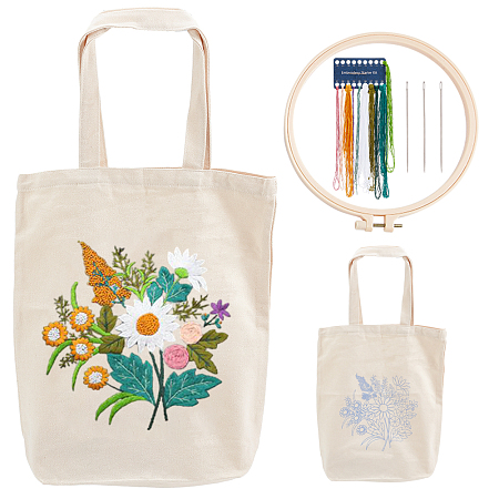 WADORN DIY Flower Pattern Tote Bag Embroidery Making Kit, Including Embroidery Needles & Thread, Cotton Cloth Bag, Plastic Embroidery Frame, White, 615mm