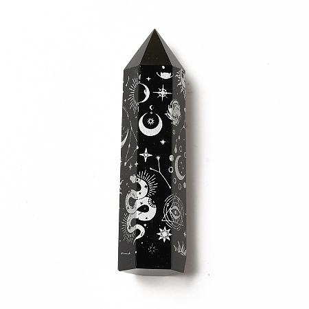 Honeyhandy Point Tower Natural Obsidian Home Display Decoration, Healing Stone Wands, for Reiki Chakra Meditation Therapy Decos, Hexagon Prism with Moon Sun Snake Pattern, White, 20~22x23~25x80~90mm