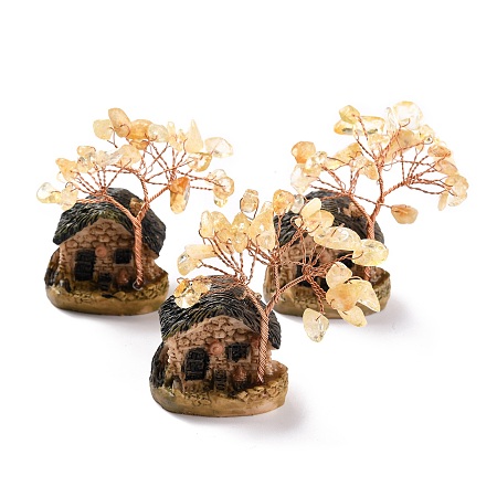 Honeyhandy Resin & Natural Citrine Model Ornament, House & Trees, Reiki Spiritual Energy Tree, for Desk Home Decoration, 37~52x31~33x67~70mm