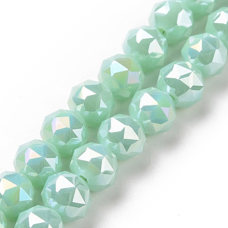 Electroplate Opaque Glass Beads Strands, AB Color Plated, Faceted, Round, Medium Aquamarine, 8x7.5mm, Hole: 1.5mm, about 71~72pcs/strand, 20.87''(53cm)