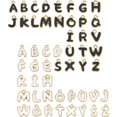 SUNNYCLUE 1 Box 52Pcs 26 Alphabet Letter Charms Alloy A-Z Metal ABC Mini Gold Plated Initials Enamel Pendants with Hole for Personalized Jewelry Making DIY Necklace Supplies, Black White