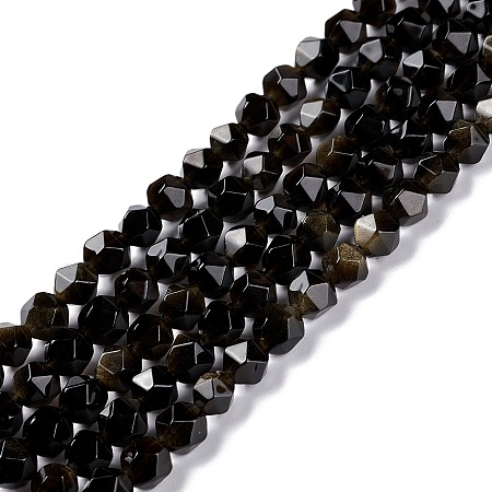 Honeyhandy Natural Golden Sheen Obsidian Beads Strands, Polygon, Faceted, 6x6mm, Hole: 1mm, about 65pcs/strand, 15.55 inch(39.5cm)