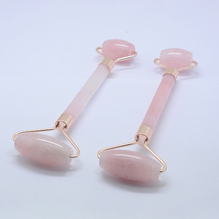 ARRICRAFT Natural Rose Quartz Massage Tools, Facial Rollers, with Alloy Findings, 14.5~15.5x5.1~5.5x1.8~2cm
