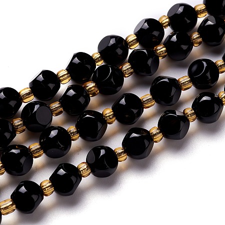 Honeyhandy Natural Black Onyx Beads Strand, with Seed Beads, Six Sided Celestial Dice, 6~6.5x6~6.5x6~6.5mm, Hole: 0.5mm, about 24pcs/strand, 8.07''(20.5cm)