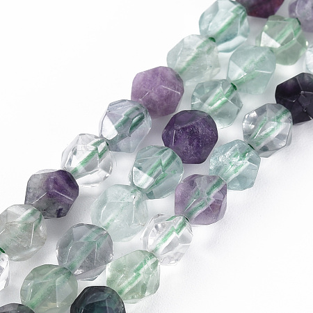 Honeyhandy Natural Fluorite Beads Strands, Star Cut Round Beads, Faceted, 6~7x5~6mm, Hole: 1mm, about 59pcs/strand, 14.96 inch(38cm)