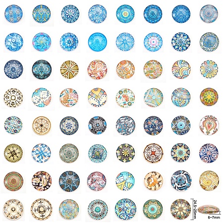 Honeyhandy Printed Picture Glass Cabochons, Half Round/Dome, Floral Series, Mixed Color, 24.5~25x6~7mm