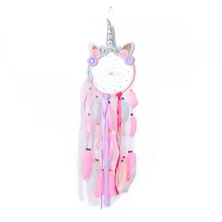 Honeyhandy Handmade Unicorn Woven Net/Web with Feather Wall Hanging Decoration, with Beads & Ribbon & Flower, for Home Offices Ornament, Pink, 850~920x205mm, Pendant: 800~805mm long
