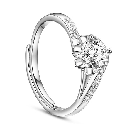 SHEGRACE Sparkling Micro Pave Zirconia 925 Sterling Silver Finger Ring, Flower with White AAA Cubic Zirconia, Platinum, 17mm