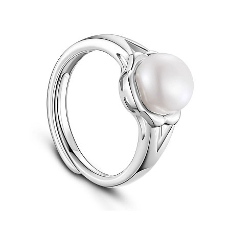 SHEGRACE Flower 925 Sterling Silver Finger Ring, with Freshwater Pearl, Platinum, White, 18mm