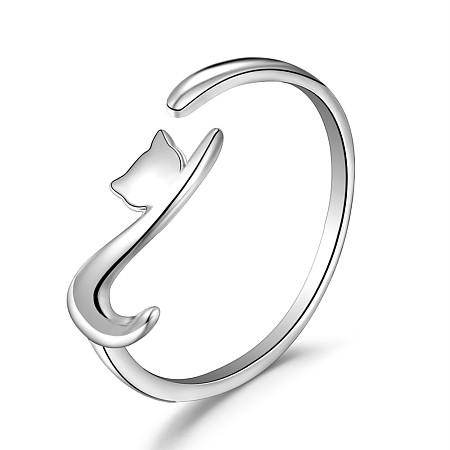 SHEGRACE 925 Sterling Silver Cuff Rings, Open Rings, Cat Shape, Platinum, Size 8, Inner Diameter: 18mm
