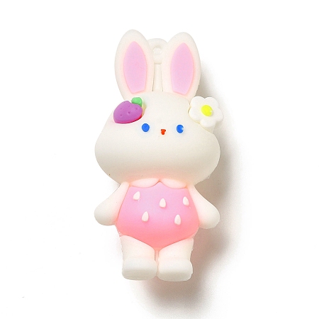 Honeyhandy PVC Plastic Big Pendants, Rabbit with Strawberry & Flower Charm, Pink, 63.5x31x24mm, Hole: 2.7mm