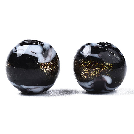 Honeyhandy Handmade Gold Sand Lampwork Beads, Round, Black, 9~10x8~10mm, Hole: 1.6mm