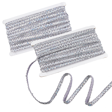 SUPERFINDINGS Sparkle Metallic Polyester Ribbon, Centipede Ribbon with PVC Plastic Paillette, Garment Accessories, Silver, 3/8 inch(11mm), about 14.22 Yards(13m)/Card