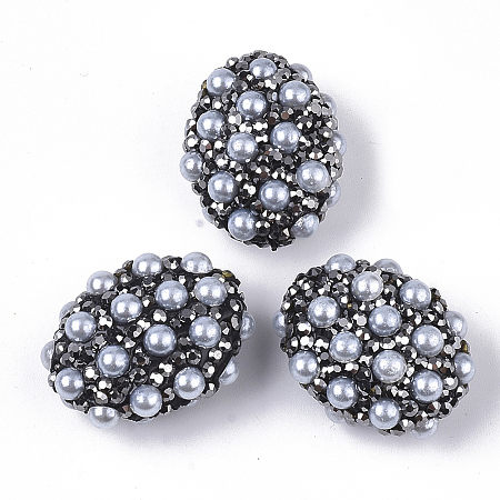 NBEADS Handmade Polymer Clay Rhinestone Beads, with ABS Plastic Imitation Pearl, Oval, Jet Hematite, PP13(1.9~2mm); 25~26.5x19.5~21.5x13mm, Hole: 1.2mm
